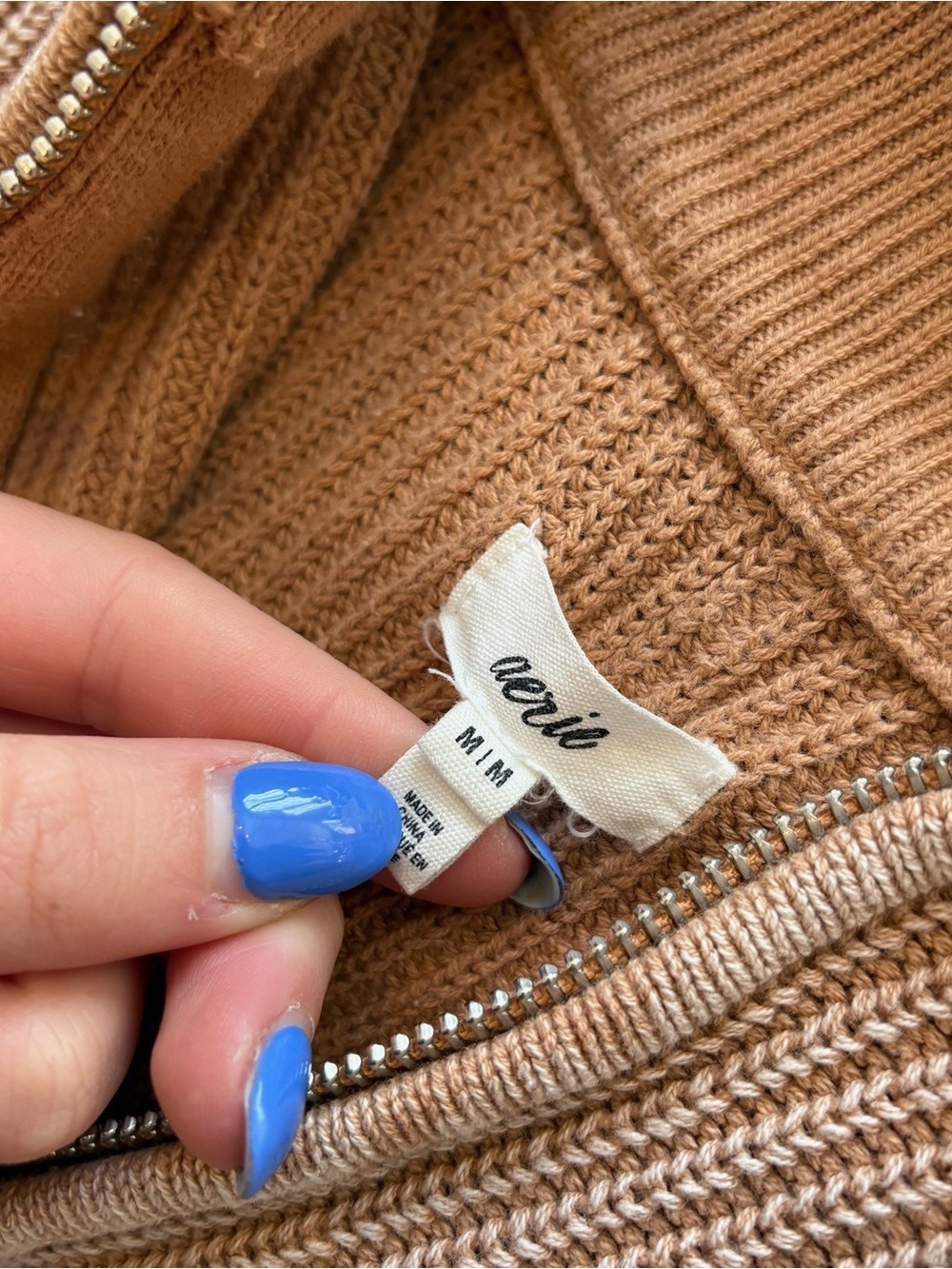 aerie Ribbed Half-Zip Tan Knit Sweater Size M - Picture 3 of 5